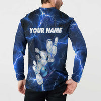 Blue Lightning Bowling Hoodie Button Sweatshirt with Striking Ball and Pins Graphic and Custom Name Design - Wonder Print Shop