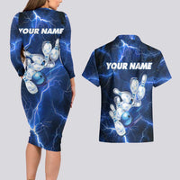 Blue Lightning Bowling Hoodie Couples Matching Long Sleeve Bodycon Dress and Hawaiian Shirt with Striking Ball and Pins Graphic and Custom Name Design - Wonder Print Shop