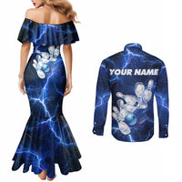 Blue Lightning Bowling Hoodie Couples Matching Mermaid Dress and Long Sleeve Button Shirt with Striking Ball and Pins Graphic and Custom Name Design - Wonder Print Shop