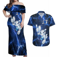Blue Lightning Bowling Hoodie Couples Matching Off Shoulder Maxi Dress and Hawaiian Shirt with Striking Ball and Pins Graphic and Custom Name Design - Wonder Print Shop