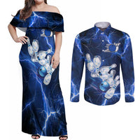 Blue Lightning Bowling Hoodie Couples Matching Off Shoulder Maxi Dress and Long Sleeve Button Shirt with Striking Ball and Pins Graphic and Custom Name Design - Wonder Print Shop