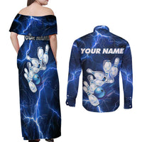 Blue Lightning Bowling Hoodie Couples Matching Off Shoulder Maxi Dress and Long Sleeve Button Shirt with Striking Ball and Pins Graphic and Custom Name Design - Wonder Print Shop