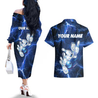 Blue Lightning Bowling Hoodie Couples Matching Off The Shoulder Long Sleeve Dress and Hawaiian Shirt with Striking Ball and Pins Graphic and Custom Name Design - Wonder Print Shop