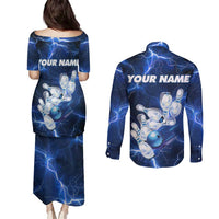 Blue Lightning Bowling Hoodie Couples Matching Puletasi and Long Sleeve Button Shirt with Striking Ball and Pins Graphic and Custom Name Design - Wonder Print Shop