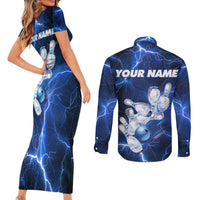 Blue Lightning Bowling Hoodie Couples Matching Short Sleeve Bodycon Dress and Long Sleeve Button Shirt with Striking Ball and Pins Graphic and Custom Name Design - Wonder Print Shop