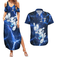 Blue Lightning Bowling Hoodie Couples Matching Summer Maxi Dress and Hawaiian Shirt with Striking Ball and Pins Graphic and Custom Name Design - Wonder Print Shop