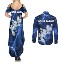 Blue Lightning Bowling Hoodie Couples Matching Summer Maxi Dress and Long Sleeve Button Shirt with Striking Ball and Pins Graphic and Custom Name Design - Wonder Print Shop
