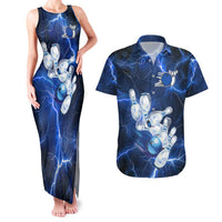 Blue Lightning Bowling Hoodie Couples Matching Tank Maxi Dress and Hawaiian Shirt with Striking Ball and Pins Graphic and Custom Name Design - Wonder Print Shop