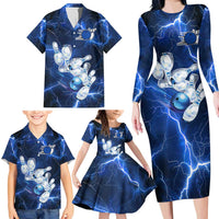 Blue Lightning Bowling Hoodie Family Matching Long Sleeve Bodycon Dress and Hawaiian Shirt with Striking Ball and Pins Graphic and Custom Name Design - Wonder Print Shop