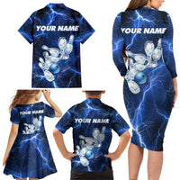 Blue Lightning Bowling Hoodie Family Matching Long Sleeve Bodycon Dress and Hawaiian Shirt with Striking Ball and Pins Graphic and Custom Name Design - Wonder Print Shop