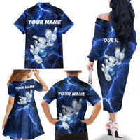 Blue Lightning Bowling Hoodie Family Matching Off The Shoulder Long Sleeve Dress and Hawaiian Shirt with Striking Ball and Pins Graphic and Custom Name Design - Wonder Print Shop