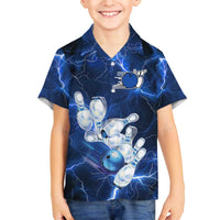 Blue Lightning Bowling Hoodie Family Matching Off The Shoulder Long Sleeve Dress and Hawaiian Shirt with Striking Ball and Pins Graphic and Custom Name Design - Wonder Print Shop