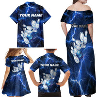 Blue Lightning Bowling Hoodie Family Matching Off Shoulder Maxi Dress and Hawaiian Shirt with Striking Ball and Pins Graphic and Custom Name Design - Wonder Print Shop