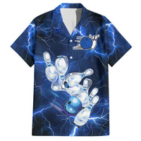 Blue Lightning Bowling Hoodie Family Matching Off Shoulder Maxi Dress and Hawaiian Shirt with Striking Ball and Pins Graphic and Custom Name Design - Wonder Print Shop