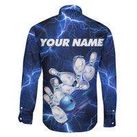 Blue Lightning Bowling Hoodie Family Matching Off Shoulder Maxi Dress and Hawaiian Shirt with Striking Ball and Pins Graphic and Custom Name Design - Wonder Print Shop