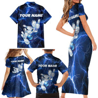 Blue Lightning Bowling Hoodie Family Matching Short Sleeve Bodycon Dress and Hawaiian Shirt with Striking Ball and Pins Graphic and Custom Name Design - Wonder Print Shop