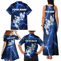 Blue Lightning Bowling Hoodie Family Matching Tank Maxi Dress and Hawaiian Shirt with Striking Ball and Pins Graphic and Custom Name Design - Wonder Print Shop