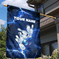Blue Lightning Bowling Hoodie Garden Flag with Striking Ball and Pins Graphic and Custom Name Design - Wonder Print Shop