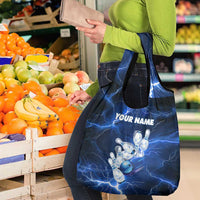 Blue Lightning Bowling Hoodie Grocery Bag with Striking Ball and Pins Graphic and Custom Name Design - Wonder Print Shop