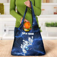 Blue Lightning Bowling Hoodie Grocery Bag with Striking Ball and Pins Graphic and Custom Name Design - Wonder Print Shop
