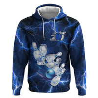 Blue Lightning Bowling Hoodie Hoodie with Striking Ball and Pins Graphic and Custom Name Design - Wonder Print Shop