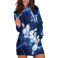 Blue Lightning Bowling Hoodie Hoodie Dress with Striking Ball and Pins Graphic and Custom Name Design - Wonder Print Shop