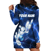 Blue Lightning Bowling Hoodie Hoodie Dress with Striking Ball and Pins Graphic and Custom Name Design - Wonder Print Shop