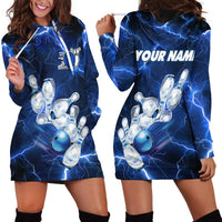 Blue Lightning Bowling Hoodie Hoodie Dress with Striking Ball and Pins Graphic and Custom Name Design - Wonder Print Shop