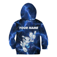 Blue Lightning Bowling Hoodie Kid Hoodie with Striking Ball and Pins Graphic and Custom Name Design - Wonder Print Shop