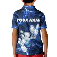 Blue Lightning Bowling Hoodie Kid Polo Shirt with Striking Ball and Pins Graphic and Custom Name Design - Wonder Print Shop