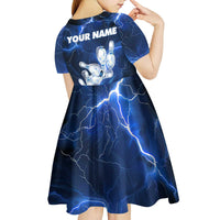 Blue Lightning Bowling Hoodie Kid Short Sleeve Dress with Striking Ball and Pins Graphic and Custom Name Design - Wonder Print Shop