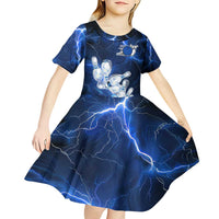 Blue Lightning Bowling Hoodie Kid Short Sleeve Dress with Striking Ball and Pins Graphic and Custom Name Design - Wonder Print Shop