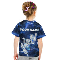 Blue Lightning Bowling Hoodie Kid T Shirt with Striking Ball and Pins Graphic and Custom Name Design - Wonder Print Shop