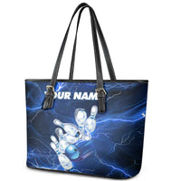 Blue Lightning Bowling Hoodie Leather Tote Bag with Striking Ball and Pins Graphic and Custom Name Design - Wonder Print Shop