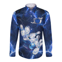 Blue Lightning Bowling Hoodie Long Sleeve Button Shirt with Striking Ball and Pins Graphic and Custom Name Design - Wonder Print Shop