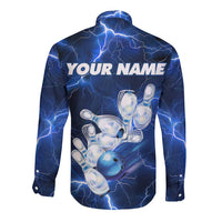 Blue Lightning Bowling Hoodie Long Sleeve Button Shirt with Striking Ball and Pins Graphic and Custom Name Design - Wonder Print Shop