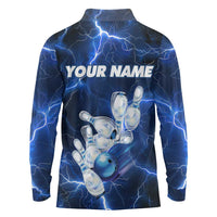 Blue Lightning Bowling Hoodie Long Sleeve Polo Shirt with Striking Ball and Pins Graphic and Custom Name Design - Wonder Print Shop