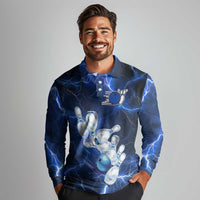 Blue Lightning Bowling Hoodie Long Sleeve Polo Shirt with Striking Ball and Pins Graphic and Custom Name Design - Wonder Print Shop