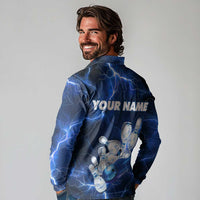Blue Lightning Bowling Hoodie Long Sleeve Polo Shirt with Striking Ball and Pins Graphic and Custom Name Design - Wonder Print Shop
