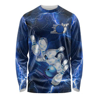 Blue Lightning Bowling Hoodie Long Sleeve Shirt with Striking Ball and Pins Graphic and Custom Name Design - Wonder Print Shop