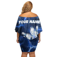 Blue Lightning Bowling Hoodie Off Shoulder Short Dress with Striking Ball and Pins Graphic and Custom Name Design - Wonder Print Shop
