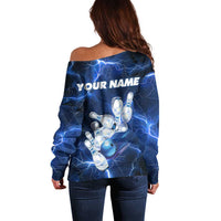 Blue Lightning Bowling Hoodie Off Shoulder Sweater with Striking Ball and Pins Graphic and Custom Name Design - Wonder Print Shop
