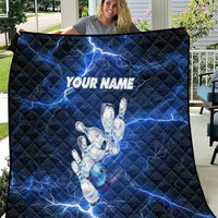 Blue Lightning Bowling Hoodie Quilt with Striking Ball and Pins Graphic and Custom Name Design - Wonder Print Shop