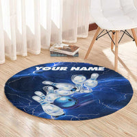 Blue Lightning Bowling Hoodie Round Carpet with Striking Ball and Pins Graphic and Custom Name Design - Wonder Print Shop