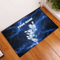 Blue Lightning Bowling Hoodie Rubber Doormat with Striking Ball and Pins Graphic and Custom Name Design - Wonder Print Shop