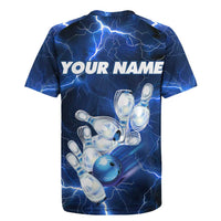 Blue Lightning Bowling Hoodie Rugby Jersey with Striking Ball and Pins Graphic and Custom Name Design - Wonder Print Shop