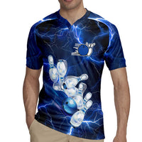 Blue Lightning Bowling Hoodie Rugby Jersey with Striking Ball and Pins Graphic and Custom Name Design - Wonder Print Shop