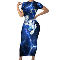 Blue Lightning Bowling Hoodie Short Sleeve Bodycon Dress with Striking Ball and Pins Graphic and Custom Name Design - Wonder Print Shop