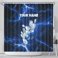 Blue Lightning Bowling Hoodie Shower Curtain with Striking Ball and Pins Graphic and Custom Name Design - Wonder Print Shop