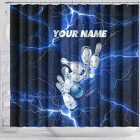 Blue Lightning Bowling Hoodie Shower Curtain with Striking Ball and Pins Graphic and Custom Name Design - Wonder Print Shop